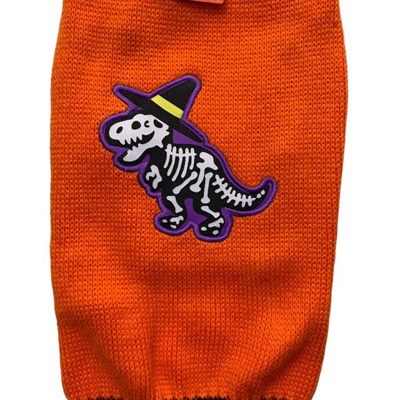Skeleton Dinosaur Halloween Dog Sweater Size Medium Orange Black T Rex Witch Hat - Picture 2 of 6